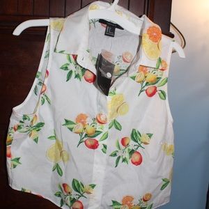 Collared, button down, citrus print front tie top